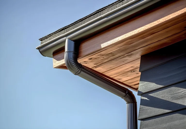 close up to house roof with new black gutters