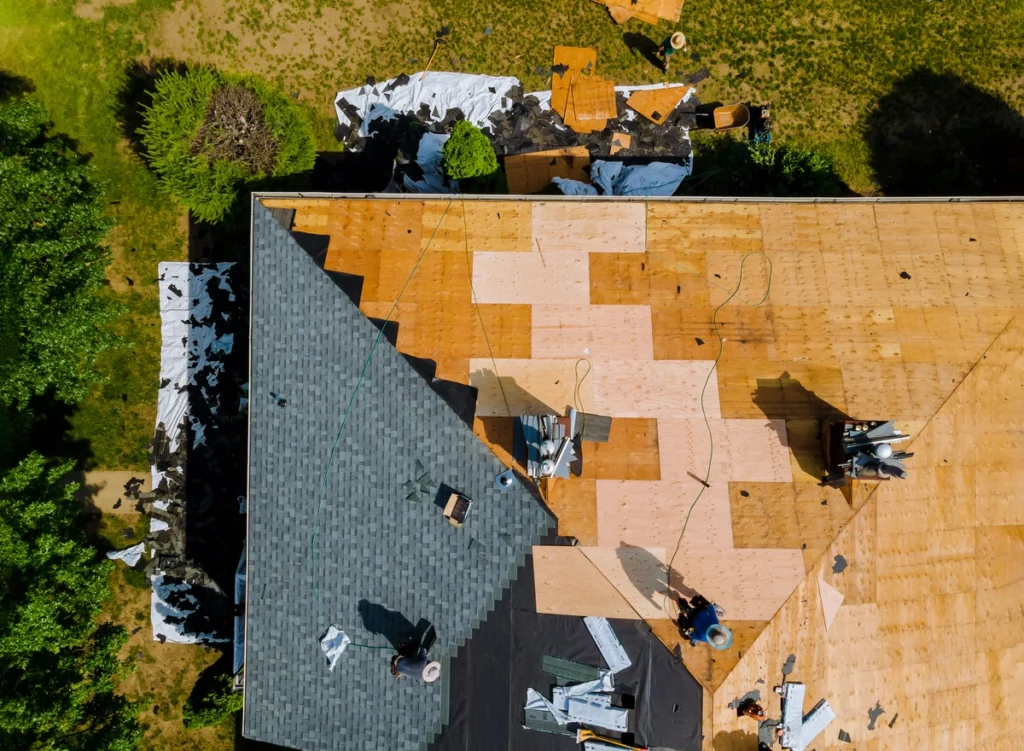 aerial view of a roof replacement in Alden, IA