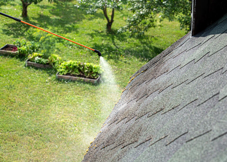 roof coating-shingle roof being sprayed with a coating