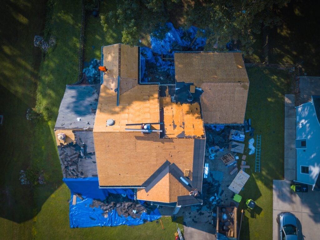 Residential Roof Replacement aerial view mid-project
